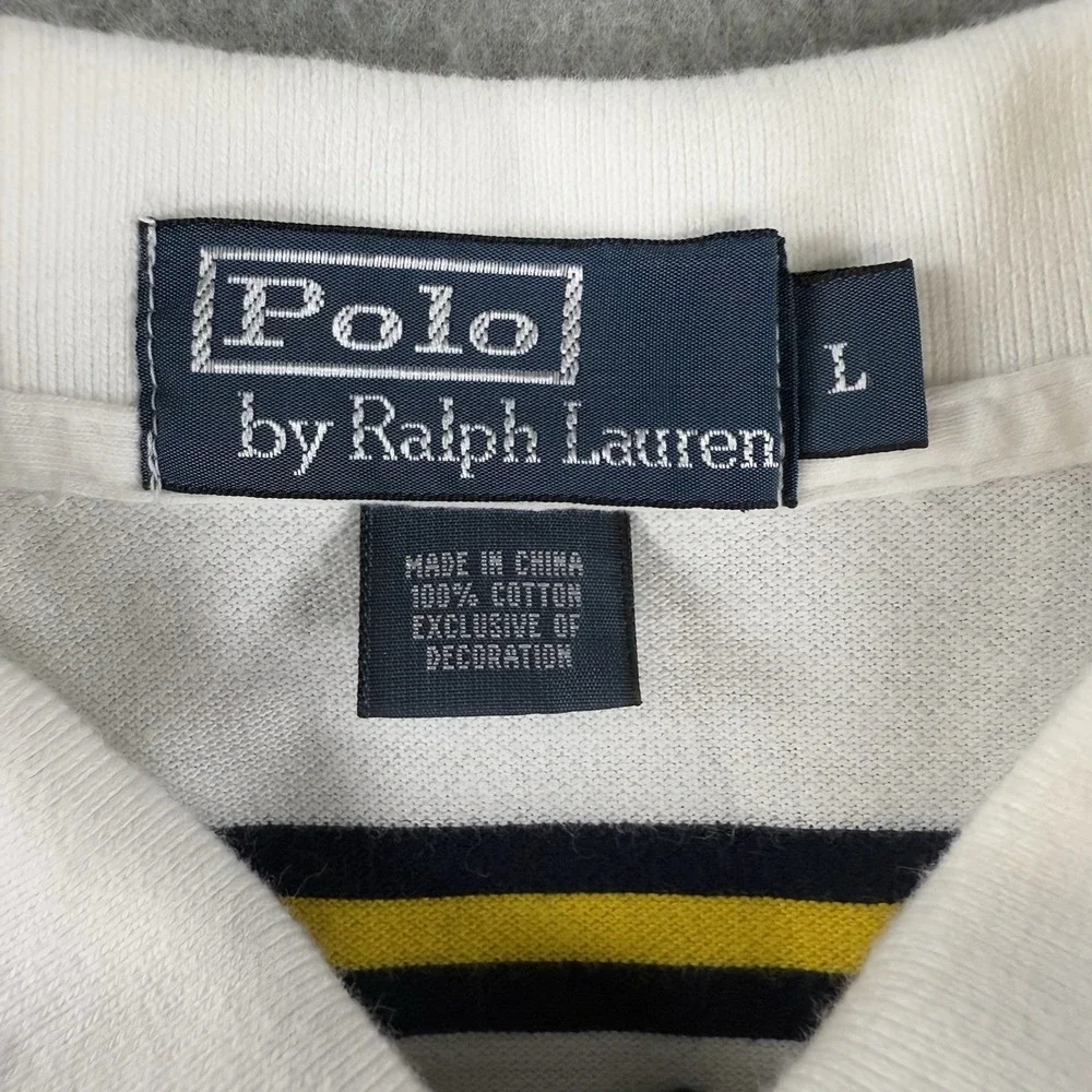 Vintage Y2K Polo Ralph Lauren Shirt Mens Large Navy Blue Yellow Stripe Pony